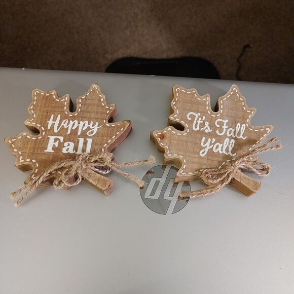 Lot of 2 Happy Fall It's Fall Y'all Wooden Maple Leaf Tabletop Decor Shelf - Picture 2 of 16